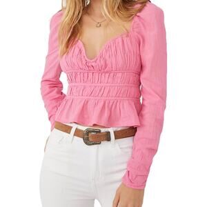 Free People Chloe Top Womens Size S Pink Puff Sleeve Coquette Smocked Milkmaid
